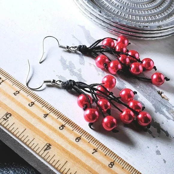 Black Silk and Glass Baubles Red Knotted Cord Dangly Earrings - Picture 4 of 4